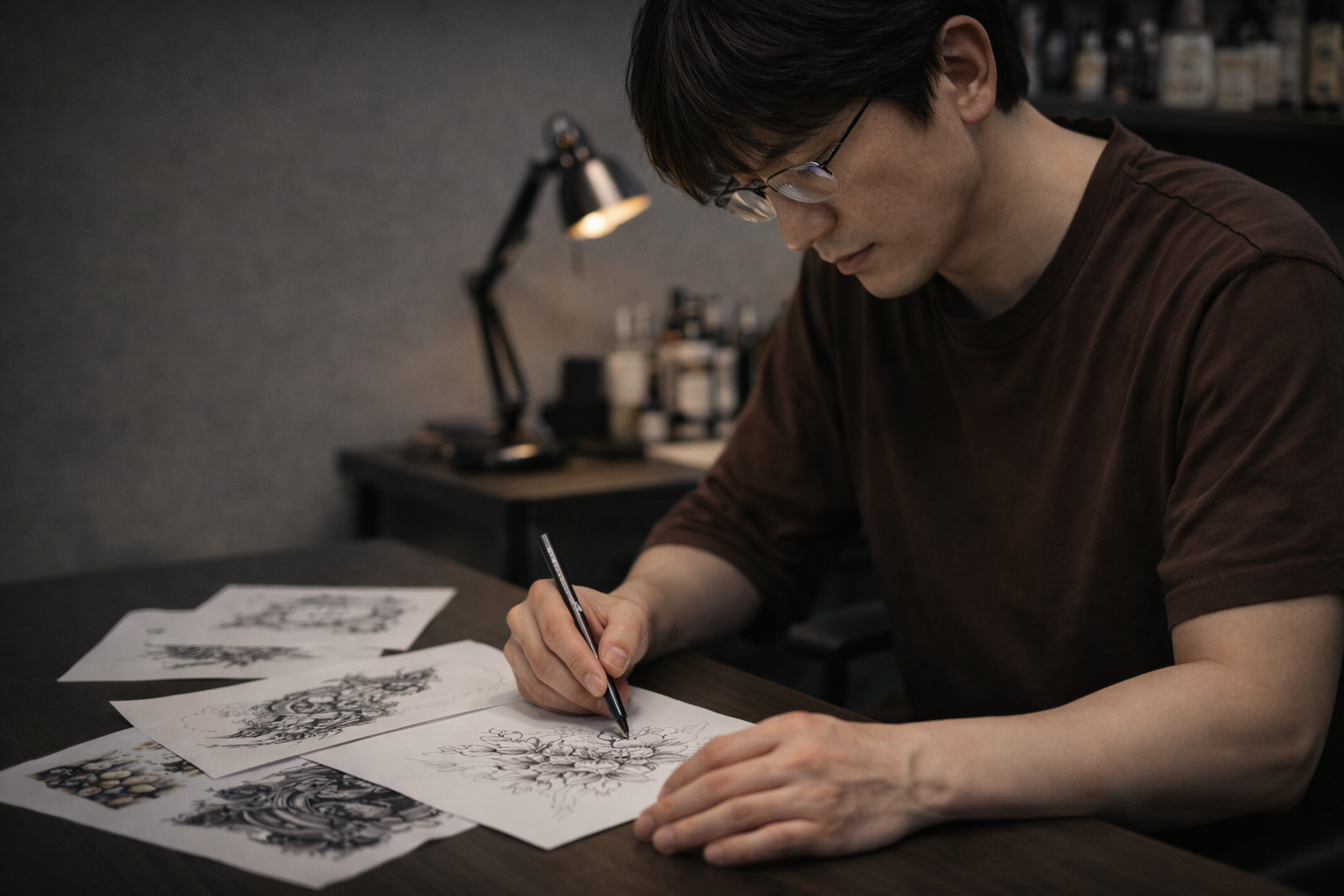 Custom tattoo design being drawn — Assassin Tattoo Houston