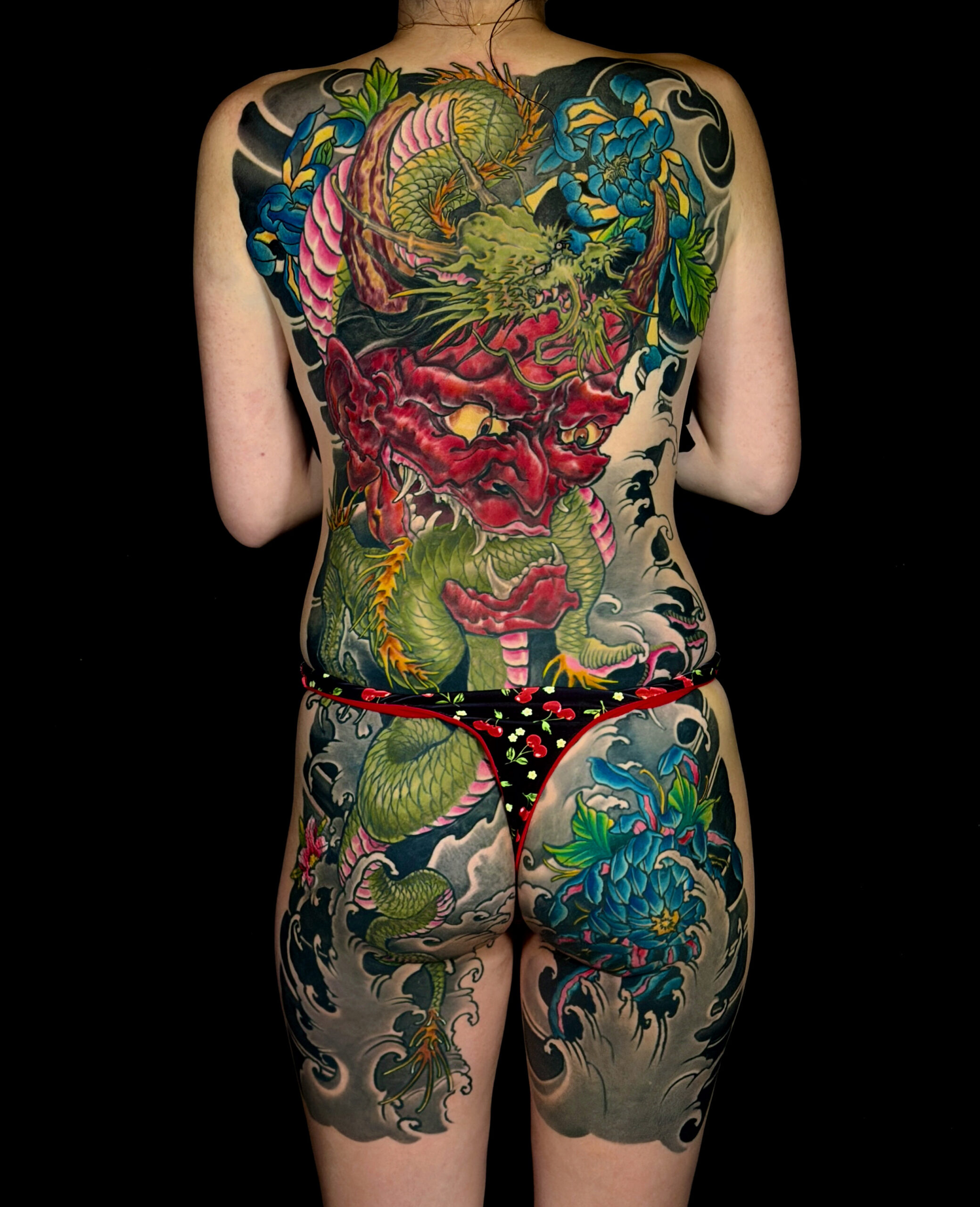 Japanese irezumi tattoo hannya mask dragon chrysanthemum waves full back by Assassin Tattoo Houston